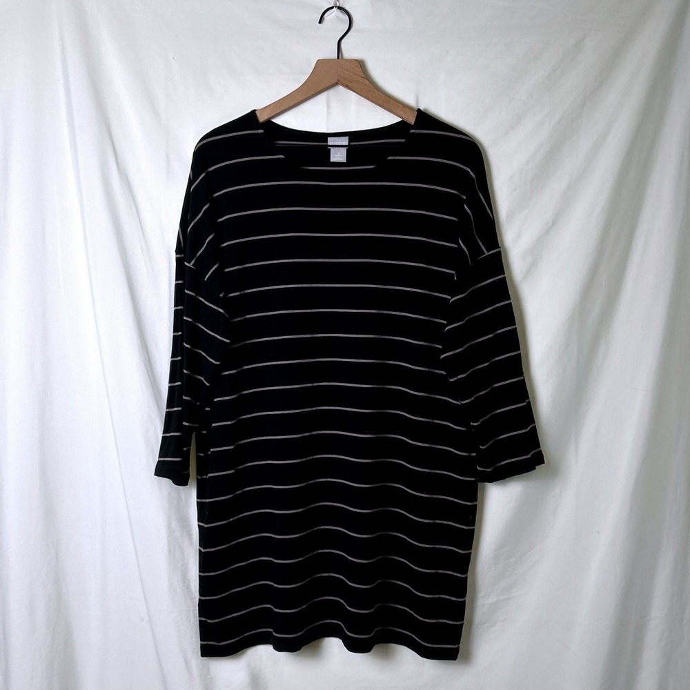 Chico's Womens Striped 3/4 Sleeve Relaxed Knit Tunic Top Size 2/L Black Tan